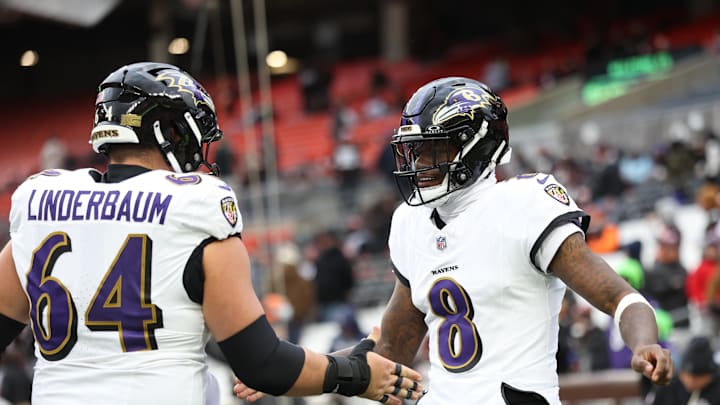 Nov 16, 2025; Cleveland, Ohio, USA; Baltimore Ravens quarterback Lamar Jackson (8) warms-up with center Tyler Linderbaum (64) prior to a game against the Cleveland Browns at Huntington Bank Field. Mandatory Credit: Scott Galvin-Imagn Images Nov 16, 2025; Cleveland, Ohio, USA; Baltimore Ravens quarterback Lamar Jackson (8) warms-up with center Tyler Linderbaum (64) prior to a game against the Cleveland Browns at Huntington Bank Field. Mandatory Credit: Scott Galvin-Imagn Images
