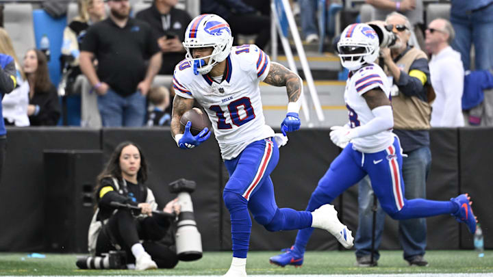 Oct 26, 2025; Charlotte, North Carolina, USA; Buffalo Bills wide receiver Khalil Shakir (10) scores a touchdown on a 54-yard reception during the second half against the Carolina Panthersat Bank of America Stadium. 