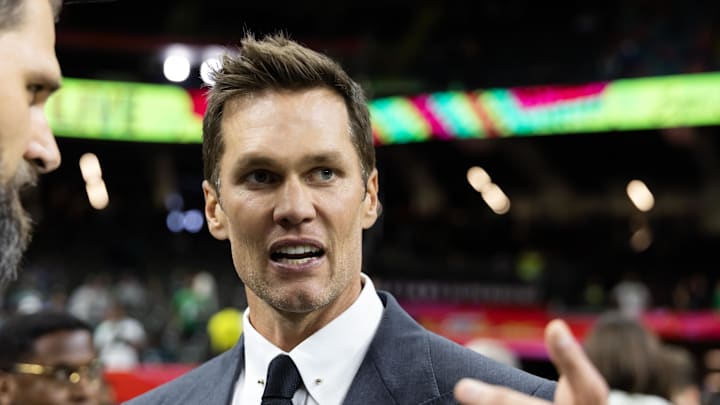 Feb 9, 2025; New Orleans, LA, USA; Fox Sports announcer Tom Brady on the field before Super Bowl LIX between the Philadelphia Eagles and the Kansas City Chiefs at Ceasars Superdome. Mandatory Credit: Mark J. Rebilas-Imagn Images