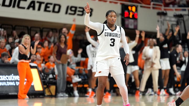Oklahoma State Cowgirls guard Micah Gray (3) gestures after making a 3-pointer during a women's college basketball game between the Oklahoma State Cowgirls (OSU) and the Houston Cougars at Gallagher-Iba Arena in Stillwater, Saturday, Jan. 3, 2026. Oklahoma State won 83-52. Oklahoma State Cowgirls guard Micah Gray (3) gestures after making a 3-pointer during a women's college basketball game between the Oklahoma State Cowgirls (OSU) and the Houston Cougars at Gallagher-Iba Arena in Stillwater, Saturday, Jan. 3, 2026. Oklahoma State won 83-52.