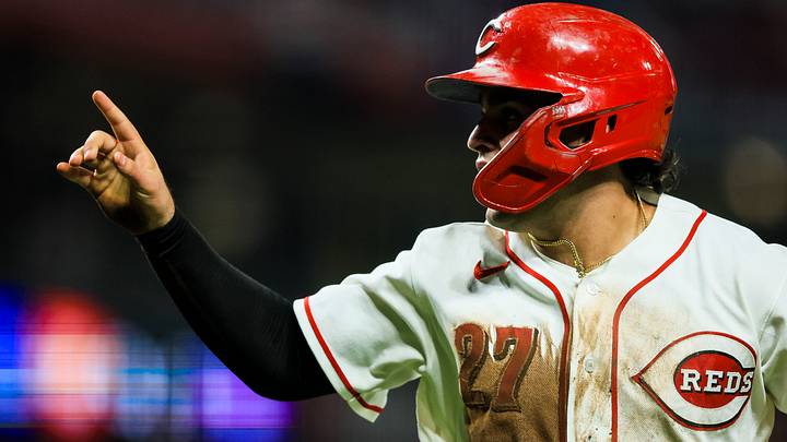Sep 1, 2026; Cincinnati, Ohio, USA; Cincinnati Reds first baseman Sal Stewart (27) reacts after scoring on a sacrifice fly out hit by second baseman Juan Brito (not pictured) in the eighth inning against the San Diego Padres at Great American Ball Park. Mandatory Credit: Katie Stratman-Imagn Images Sep 1, 2026; Cincinnati, Ohio, USA; Cincinnati Reds first baseman Sal Stewart (27) reacts after scoring on a sacrifice fly out hit by second baseman Juan Brito (not pictured) in the eighth inning against the San Diego Padres at Great American Ball Park. Mandatory Credit: Katie Stratman-Imagn Images