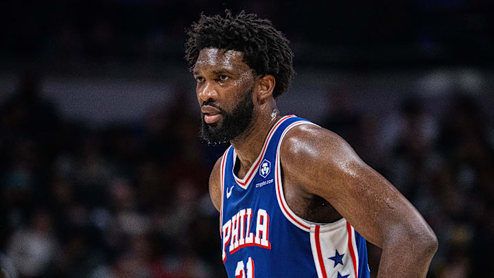 Jan 25, 2024; Indianapolis, Indiana, USA; Philadelphia 76ers center Joel Embiid (21) looks on
