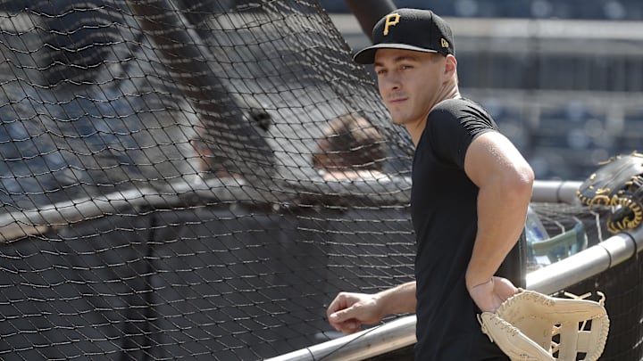 Aug 2, 2024; Pittsburgh, Pennsylvania, USA;  Pittsburgh Pirates shortstop Konnor Griffin who was the ninth overall pick in first round of the 2024 First-Year Player Draft looks on at the batting cage before a game against the Arizona Diamondbacks at PNC Park. Mandatory Credit: Charles LeClaire-Imagn Images
