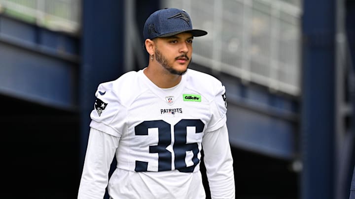 Jun 9, 2025; Foxborough, MA, USA; New England Patriots place kicker Andres Borregales (36) walks to the practice fields at Gillette Stadium. Mandatory Credit: Eric Canha-Imagn Images