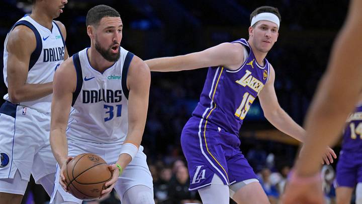 Feb 12, 2026; Los Angeles, California, USA; Dallas Mavericks guard Klay Thompson (31) rebounds in front of Los Angeles Lakers guard Austin Reaves (15) in the first half at Crypto.com Arena. Mandatory Credit: Jayne Kamin-Oncea-Imagn Images Feb 12, 2026; Los Angeles, California, USA; Dallas Mavericks guard Klay Thompson (31) rebounds in front of Los Angeles Lakers guard Austin Reaves (15) in the first half at Crypto.com Arena. Mandatory Credit: Jayne Kamin-Oncea-Imagn Images