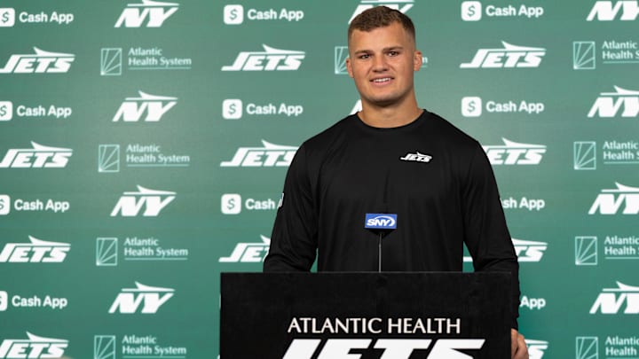 May 9, 2025; Florham Park, NJ, USA; New York Jets rookie tight end Mason Taylor (46) takes questions from the media during the minicamp at Atlantic Health Jets Training Center. Mandatory Credit: Thomas Salus-Imagn Images May 9, 2025; Florham Park, NJ, USA; New York Jets rookie tight end Mason Taylor (46) takes questions from the media during the minicamp at Atlantic Health Jets Training Center. Mandatory Credit: Thomas Salus-Imagn Images