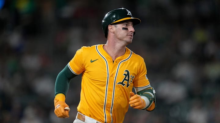Sep 12, 2025; West Sacramento, California, USA; Athletics designated hitter Brent Rooker (25) runs towards first base after hitting a single against the Cincinnati Reds in the fourth inning at Sutter Health Park. Mandatory Credit: Cary Edmondson-Imagn Images