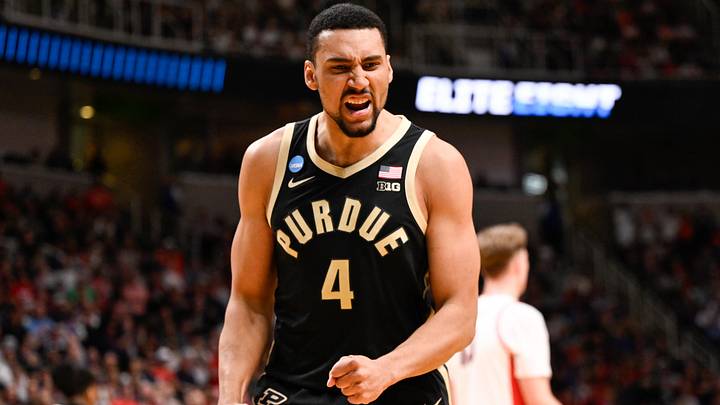 Mar 28, 2026; San Jose, CA, USA; Purdue Boilermakers forward Trey Kaufman-Renn (4) reacts in the first half against the Arizona Wildcats during an Elite Eight game of the West Regional of the men's 2026 NCAA Tournament at SAP Center. 