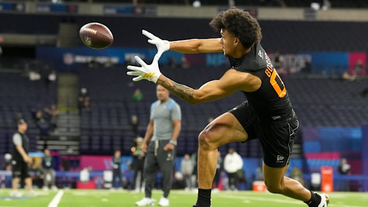 Feb 28, 2026; Indianapolis, IN, USA; Washington wideout Denzel Boston (WO08) during the NFL Scouting Combine at Lucas Oil Stadium. Mandatory Credit: Kirby Lee-Imagn Images