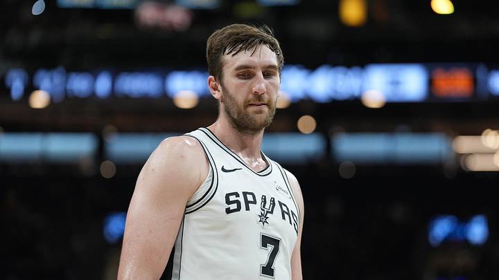 Mar 30, 2026; San Antonio, Texas, USA;  San Antonio Spurs center Luke Kornet (7) looks down in the second half against the Chicago Bulls at Frost Bank Center. Mandatory Credit: Daniel Dunn-Imagn Images