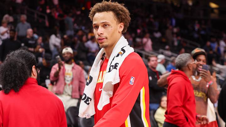 Mar 21, 2026; Atlanta, Georgia, USA; Atlanta Hawks guard Dyson Daniels (5) walks off the court after a victory over the Golden State Warriors at State Farm Arena. Mandatory Credit: Brett Davis-Imagn Images
Mar 21, 2026; Atlanta, Georgia, USA; Atlanta Hawks guard Dyson Daniels (5) walks off the court after a victory over the Golden State Warriors at State Farm Arena. Mandatory Credit: Brett Davis-Imagn Images