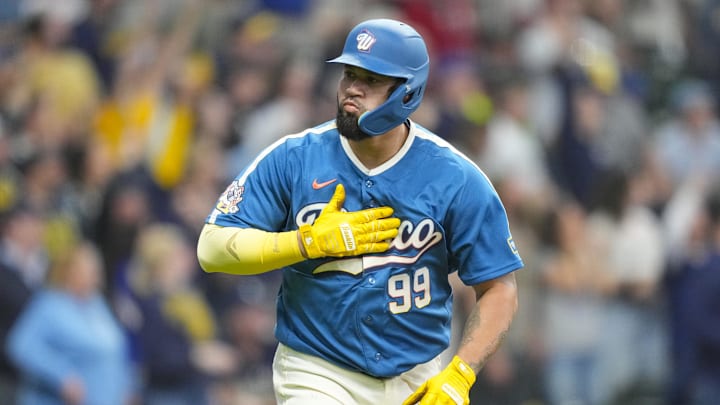 Apr 12, 2026; Milwaukee, Wisconsin, USA;  Milwaukee Brewers designated hitter Gary Sanchez (99) reacts after hitting a home run during the seventh inning against the Washington Nationals at American Family Field. Mandatory Credit: Jeff Hanisch-Imagn Images