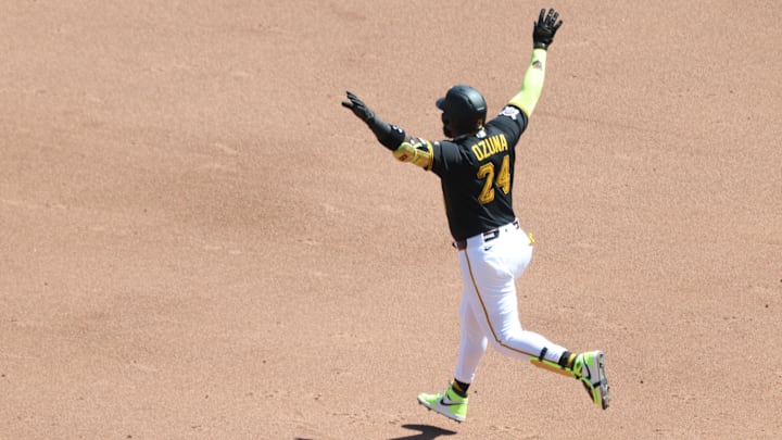 Apr 16, 2026; Pittsburgh, Pennsylvania, USA; Pittsburgh Pirates designated hitter Marcell Ozuna (24) reacts as he circles the bases on a three run home run against the Washington Nationals during the fifth inning at PNC Park. Mandatory Credit: Charles LeClaire-Imagn Images