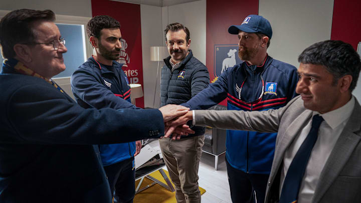 Jeremy Swift, Brett Goldstein, Jason Sudeikis, Brendan Hunt and Nick Mohammed in “Ted Lasso," now streaming on Apple TV+