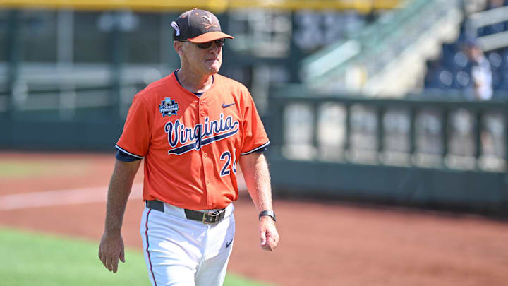 Jun 16, 2024; Omaha, NE, USA;  Virginia Cavalier head coach Brian O'Connor walks off the field after the loss against the Florida State Seminoles at Charles Schwab Field Omaha. Mandatory Credit: Steven Branscombe-Imagn Images