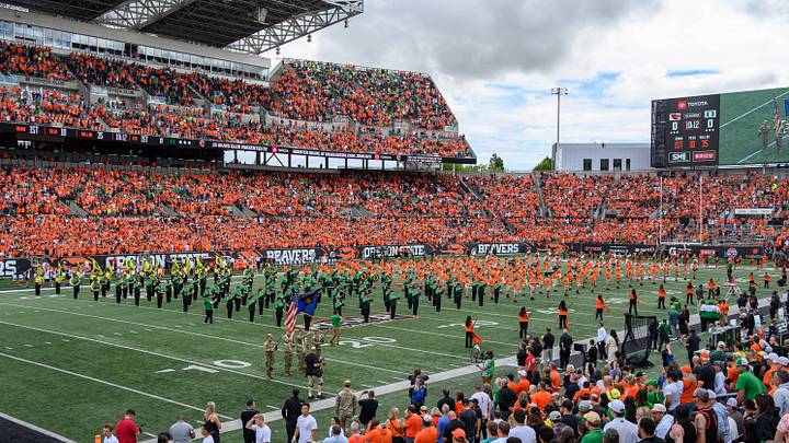 Sep 14, 2024; Corvallis, Oregon, USA; Oregon State Beavers and Oregon Ducks combined bands on the field during pregame at Reser Stadium. Mandatory Credit: Craig Strobeck-Imagn Images Sep 14, 2024; Corvallis, Oregon, USA; Oregon State Beavers and Oregon Ducks combined bands on the field during pregame at Reser Stadium. Mandatory Credit: Craig Strobeck-Imagn Images