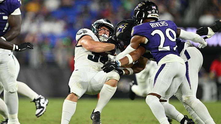 Aug 15, 2026; Baltimore, Maryland, USA; Philadelphia Eagles running back Carson Steele (34) is hauled down by Baltimore Ravens safety Keondre Jackson (39) and cornerback Chandler Rivers (29) after a short gain in the second half at M&T Bank Stadium. Mandatory Credit: Jamie Sabau-Imagn Images Aug 15, 2026; Baltimore, Maryland, USA; Philadelphia Eagles running back Carson Steele (34) is hauled down by Baltimore Ravens safety Keondre Jackson (39) and cornerback Chandler Rivers (29) after a short gain in the second half at M&T Bank Stadium. Mandatory Credit: Jamie Sabau-Imagn Images