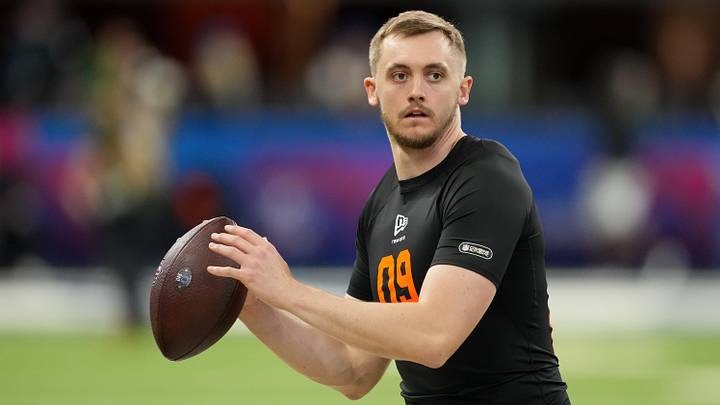 Feb 28, 2026; Indianapolis, IN, USA; Georgia Tech quarterback Haynes King (QB09) during the NFL Scouting Combine at Lucas Oil Stadium. Mandatory Credit: Kirby Lee-Imagn Images