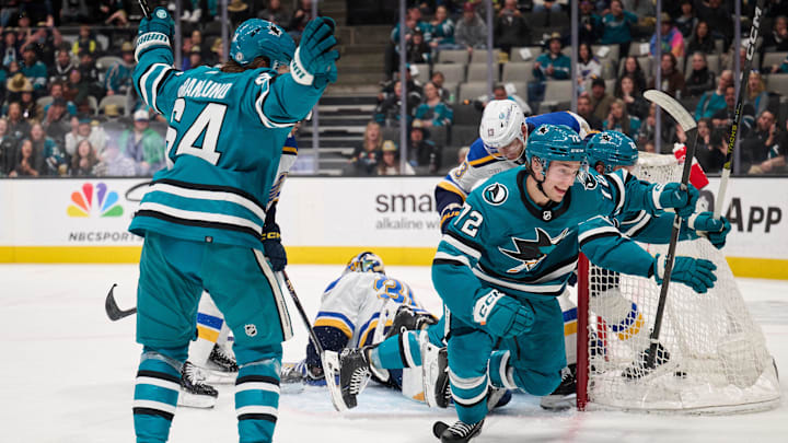 Apr 6, 2024; San Jose, California, USA; San Jose Sharks left wing William Eklund (72) reacts after