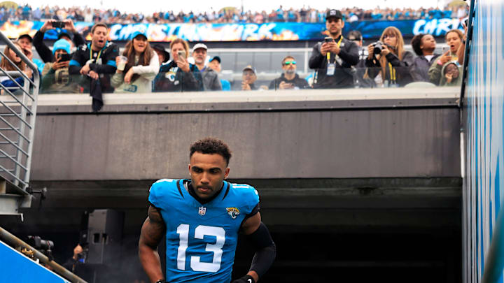 Jacksonville Jaguars wide receiver Christian Kirk (13) takes to the field before an NFL football game Sunday, Nov. 12, 2023 at EverBank Stadium in Jacksonville, Fla.