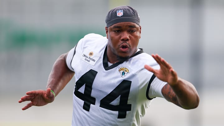 Jul 26, 2024; Jacksonville, FL, USA; Jacksonville Jaguars linebacker Travon Walker (44) participates in training camp at Miller Electric Center. Mandatory Credit: Nathan Ray Seebeck-USA TODAY Sports