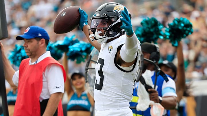Jacksonville Jaguars wide receiver Christian Kirk (13) reacts to what he thought is a touchdown but ruled an incomplete pass during the fourth quarter of an NFL football matchup Sunday, Sept. 15, 2024 at EverBank Stadium in Jacksonville, Fla. The Browns defeated the Jaguars 18-13.