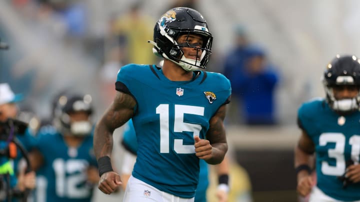 Jacksonville Jaguars wide receiver Tim Jones (15) runs on the field before an NFL football matchup Sunday, Dec. 29, 2024 at EverBank Stadium in Jacksonville, Fla. The Jaguars held off the Titans 20-13. 