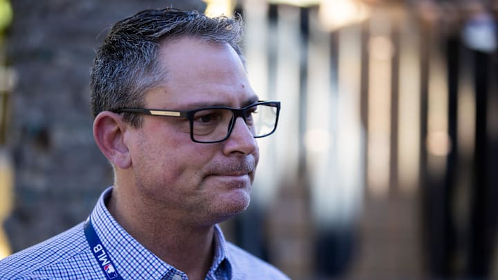 Nov 7, 2023; Scottsdale, AZ, USA; Kansas City Royals general manager J.J. Picollo speaks to the media during the MLB General Manager's Meetings at Omni Scottsdale Resort & Spa. Mandatory Credit: Mark J. Rebilas-Imagn Images