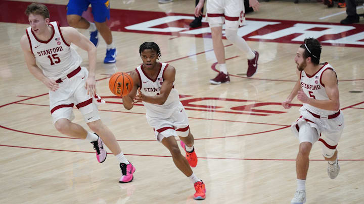 Feb 25, 2026; Stanford, California, USA; Stanford Cardinal guard Ebuka Okorie (1) makes a pass as forward/center Oskar Giltay (15) and guard Benny Gealer (5) run upcourt against the Pittsburgh Panthers in the first half at Maples Pavilion. Mandatory Credit: David Gonzales-Imagn Images Feb 25, 2026; Stanford, California, USA; Stanford Cardinal guard Ebuka Okorie (1) makes a pass as forward/center Oskar Giltay (15) and guard Benny Gealer (5) run upcourt against the Pittsburgh Panthers in the first half at Maples Pavilion. Mandatory Credit: David Gonzales-Imagn Images