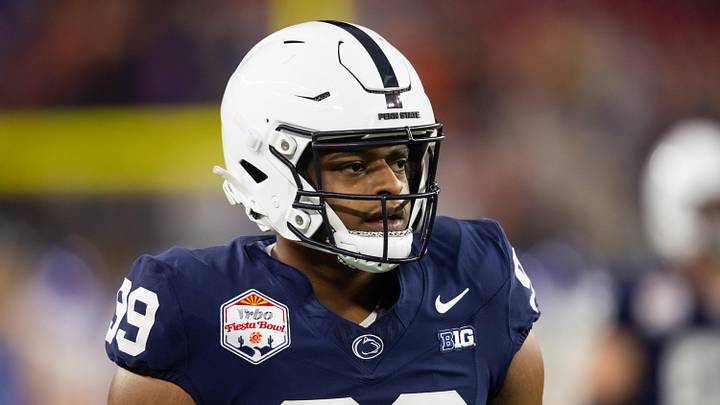 Dec 31, 2024; Glendale, AZ, USA; Penn State Nittany Lions punter Gabriel Nwosu (99) against the Boise State Broncos during the Fiesta Bowl at State Farm Stadium. Mandatory Credit: Mark J. Rebilas-Imagn Images
