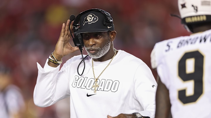 Colorado Buffaloes head coach Deion Sanders reacts during the second quarter against the Houston Cougars at TDECU Stadium. Colorado Buffaloes head coach Deion Sanders reacts during the second quarter against the Houston Cougars at TDECU Stadium.