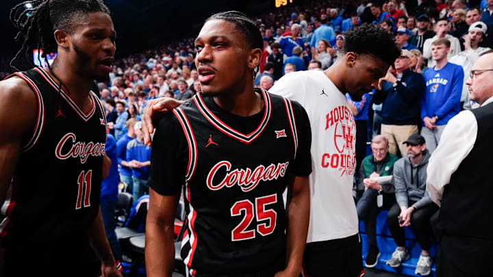 Houston Cougars guard Mercy Miller looks back after being injured before the second half by Kansas Jayhawks during the game against Houston Cougars inside Allen Fieldhouse on Monday, Feb. 23, 2026.