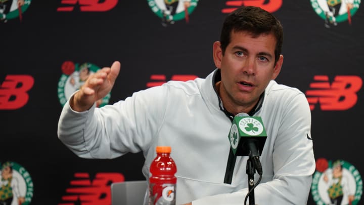 Oct 2, 2023; Boston, Celtics, USA; Boston Celtics president of basketball operations Brad Stevens talks during Boston Celtics Media Day. Mandatory Credit: David Butler II-USA TODAY Sports