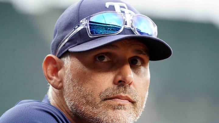 Sep 25, 2025; Baltimore, Maryland, USA; Tampa Bay Rays manager Kevin Cash (16) watches the game in the first inning against the Baltimore Orioles at Oriole Park at Camden Yards. 