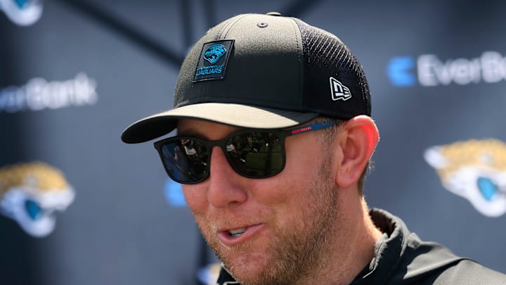 Jacksonville Jaguars head coach Liam Coen speaks to members of the media during the second mandatory minicamp at Miller Electric Center Wednesday, June 11, 2025 in Jacksonville, Fla.