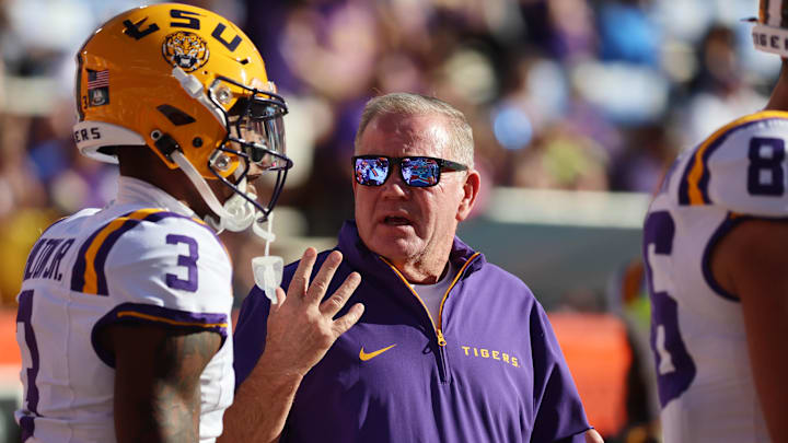 Nov 16, 2024; Gainesville, Florida, USA;LSU Tigers head coach Brian Kelly gestures prior to the game against the Florida Gators at Ben Hill Griffin Stadium. Mandatory Credit: Kim Klement Neitzel-Imagn Images