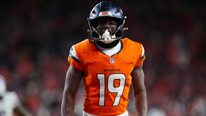 Jan 17, 2026; Denver, CO, USA; Denver Broncos wide receiver Marvin Mims Jr. (19) reacts after a play during overtime of an AFC Divisional Round playoff game against the Buffalo Bills at Empower Field at Mile High.