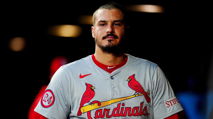 Sep 24, 2024; Denver, Colorado, USA; St. Louis Cardinals third baseman Nolan Arenado (28) during the first inning against the Colorado Rockies at Coors Field