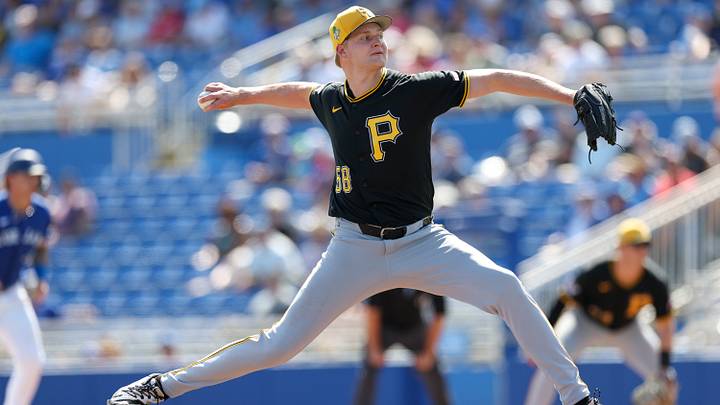 Mar 6, 2026; Dunedin, Florida, USA; Pittsburgh Pirates pitcher Noah Murdock (58) throws a pitch against the Toronto Blue Jays in the fifth inning during spring training at TD Ballpark. Mandatory Credit: Nathan Ray Seebeck-Imagn Images