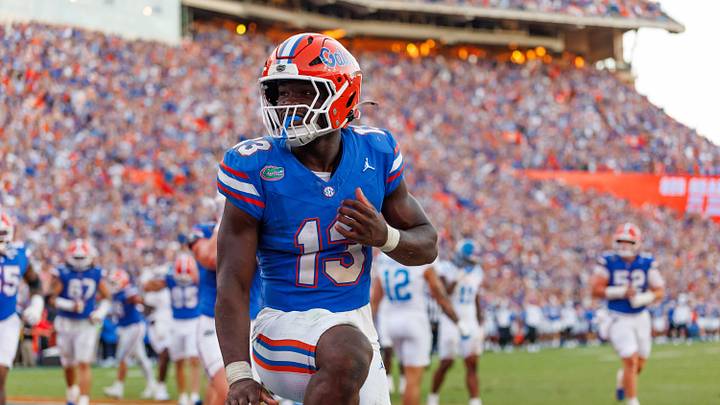 Sep 26, 2026; Gainesville, Florida, USA; Florida Gators running back Jadan Baugh (13) celebrates with a Heisman pose against the Mississippi Rebels during the second half at Ben Hill Griffin Stadium. Mandatory Credit: Matt Pendleton-Imagn Images Sep 26, 2026; Gainesville, Florida, USA; Florida Gators running back Jadan Baugh (13) celebrates with a Heisman pose against the Mississippi Rebels during the second half at Ben Hill Griffin Stadium. Mandatory Credit: Matt Pendleton-Imagn Images