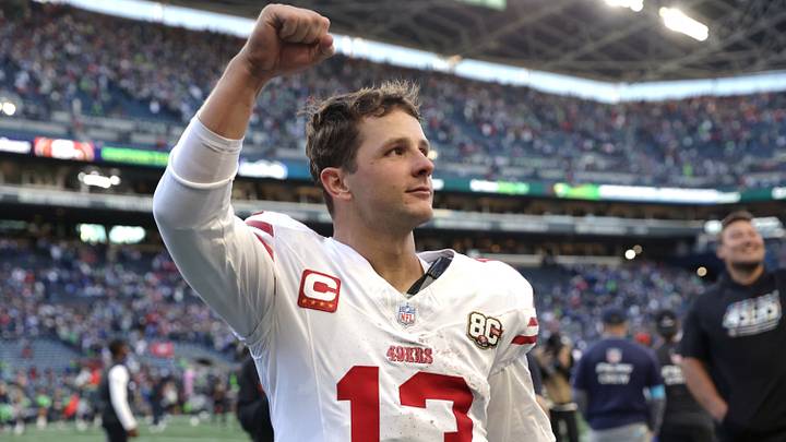Oct 11, 2026; Seattle, Washington, USA;  San Francisco 49ers quarterback Brock Purdy (13) acknowledges 49ers fans in the crowd after defeating the Seattle Seahawks at Lumen Field.  Mandatory Credit: Joe Nicholson-Imagn Images