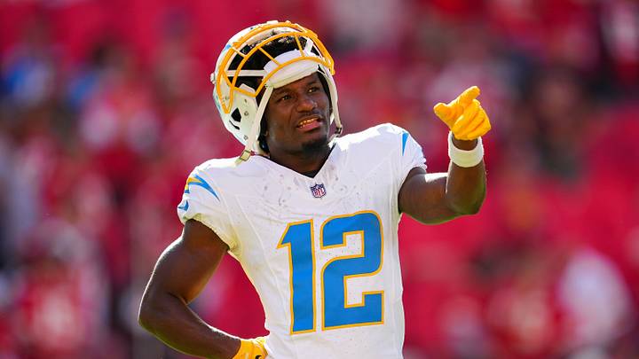 Oct 22, 2023; Kansas City, Missouri, USA; Los Angeles Chargers wide receiver Derius Davis (12) prior to a game against the Kansas City Chiefs at GEHA Field at Arrowhead Stadium. Mandatory Credit: Jay Biggerstaff-USA TODAY Sports Oct 22, 2023; Kansas City, Missouri, USA; Los Angeles Chargers wide receiver Derius Davis (12) prior to a game against the Kansas City Chiefs at GEHA Field at Arrowhead Stadium. Mandatory Credit: Jay Biggerstaff-USA TODAY Sports