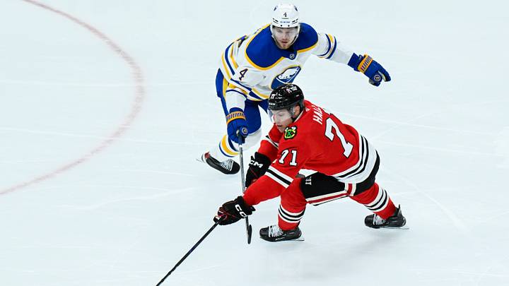 Former Buffalo Sabres defenseman Bowen Byram plays against his new team, the Chicago Blackhawks Former Buffalo Sabres defenseman Bowen Byram plays against his new team, the Chicago Blackhawks