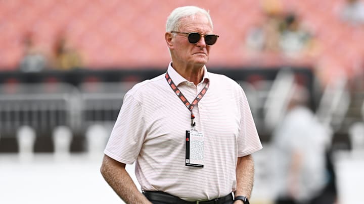 Aug 10, 2024; Cleveland, Ohio, USA; Cleveland Browns managing and principal partner Jimmy Haslam before the game at Cleveland Browns Stadium. Aug 10, 2024; Cleveland, Ohio, USA; Cleveland Browns managing and principal partner Jimmy Haslam before the game at Cleveland Browns Stadium.