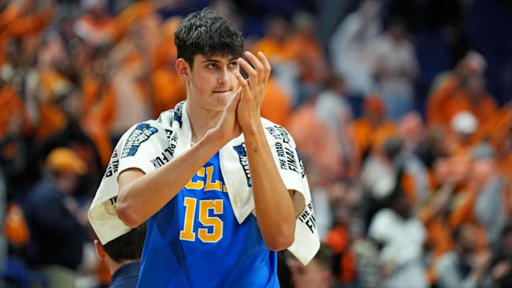 Mar 22, 2025; Lexington, KY, USA; UCLA Bruins center Aday Mara (15) reacts after the game against the Tennessee Volunteers in the second round of the NCAA Tournament at Rupp Arena. Mandatory Credit: Aaron Doster-Imagn Images