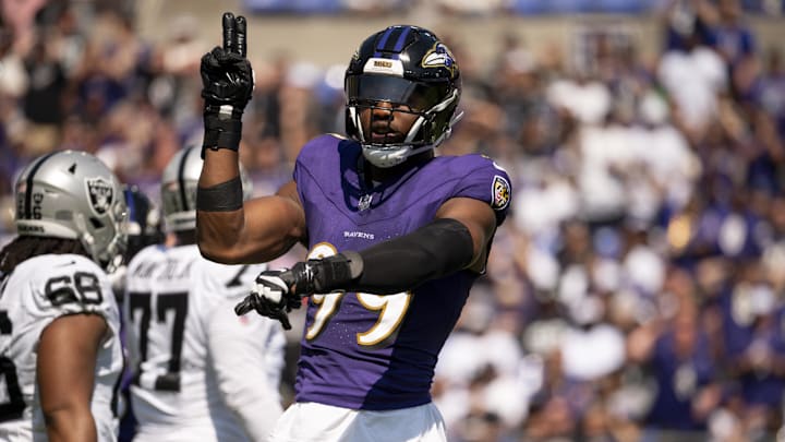 Baltimore Ravens linebacker Odafe Oweh celebrates after sacking Las Vegas Raiders quarterback Gardner Minshew.