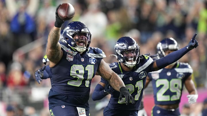 Feb 8, 2026; Santa Clara, CA, USA; Seattle Seahawks defensive tackle Byron Murphy II (91) celebrates after recovering a fumble against the New England Patriots during the third quarter in Super Bowl LX at Levi's Stadium. Mandatory Credit: Kyle Terada-Imagn Images