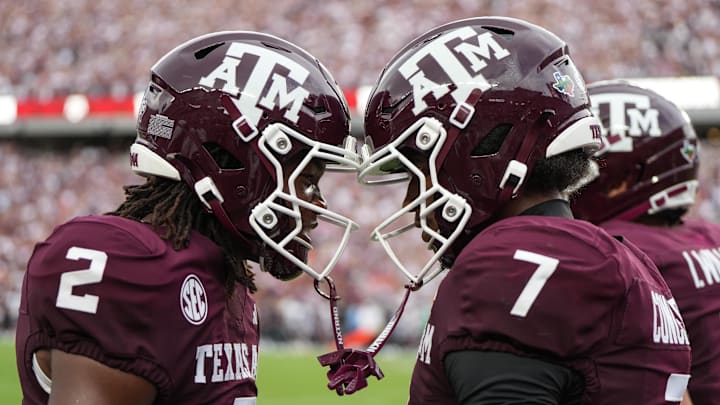 Texas A&M Aggies wide receivers Terry Bussey (2) and KC Concepcion (7) celebrate after a touchdown in the first quarter against the UTSA Roadrunners at Kyle Field. Texas A&M Aggies wide receivers Terry Bussey (2) and KC Concepcion (7) celebrate after a touchdown in the first quarter against the UTSA Roadrunners at Kyle Field.