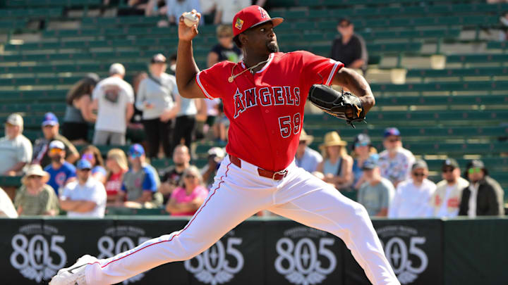 Feb 26, 2026; Tempe, Arizona, USA; Los Angeles Angels pitcher Jose Soriano (59) throws a pitch in the first inning against the Chicago Cubs at Tempe Diablo Stadium. Mandatory Credit: Matt Kartozian-Imagn Images