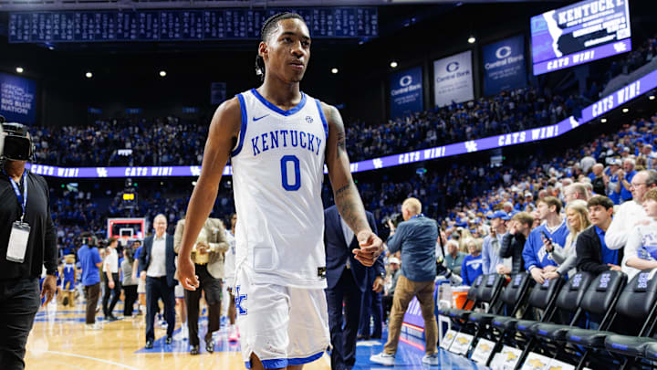 Mar 2, 2024; Lexington, Kentucky, USA; Kentucky Wildcats guard Rob Dillingham (0) walks off the court after the game against the Arkansas Razorbacks at Rupp Arena at Central Bank Center. Mandatory Credit: Jordan Prather-USA TODAY Sports